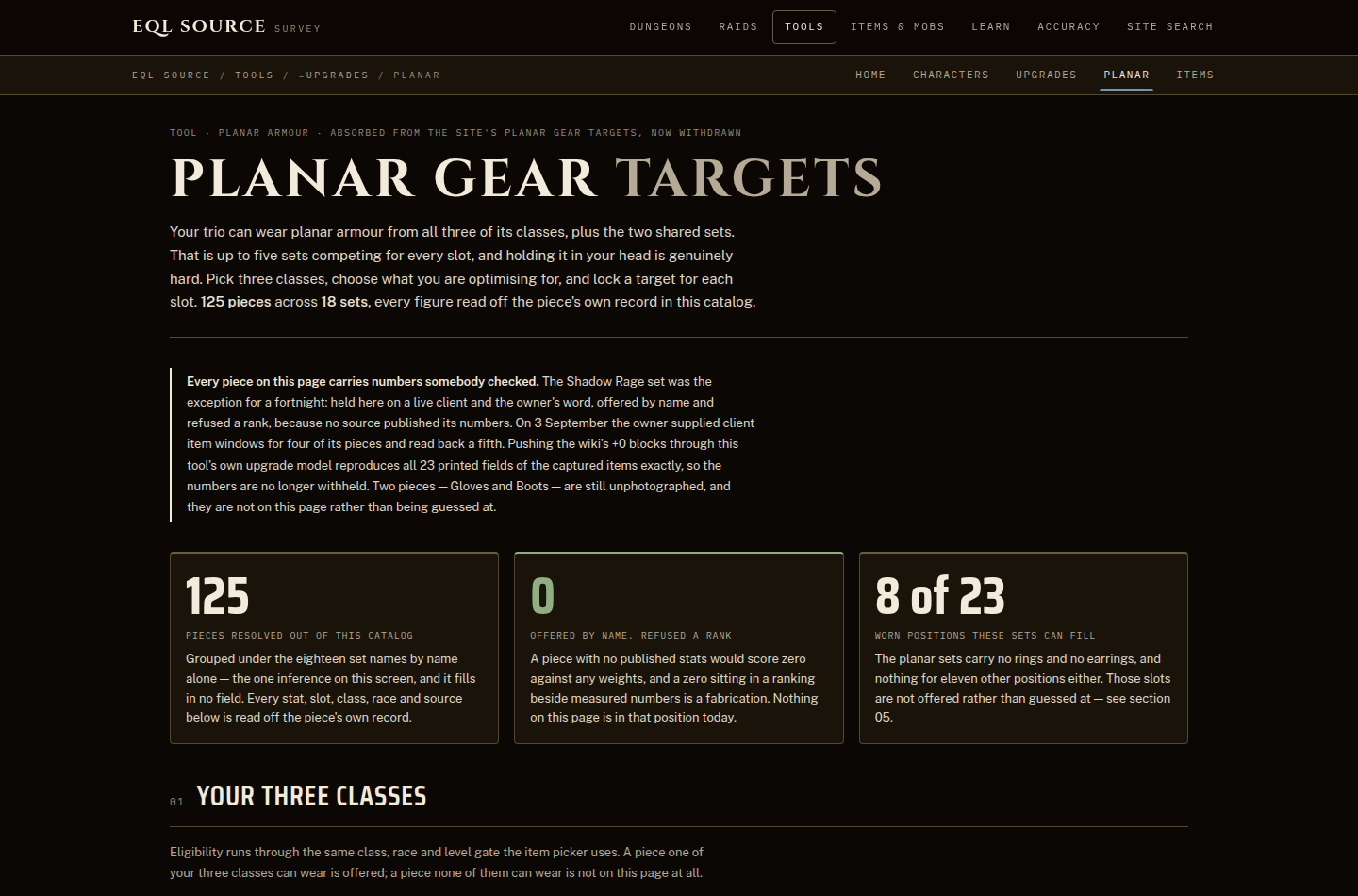 The Planar Gear Targets screen: a note naming which pieces carry checked numbers and which are withheld, three summary cards, and the start of a per-class breakdown