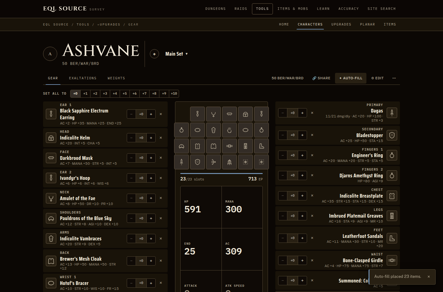 The set editor: a character header, worn items listed down the left and right with plus and minus controls on each, a grid of slot icons in the middle, and a stat sheet beneath it